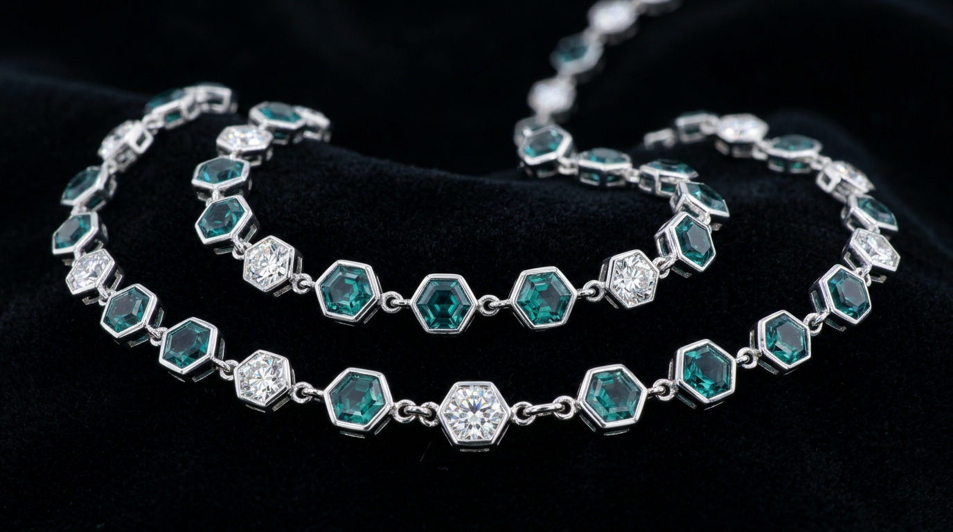Hex-cut Alexandrite tennis necklace in teal